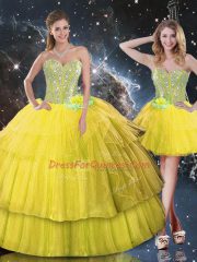New Arrival Gold Organza Lace Up Sweetheart Sleeveless Floor Length Quinceanera Dresses Ruffled Layers and Sequins