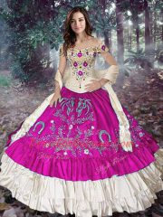 Fuchsia Taffeta Lace Up Quinceanera Dress Sleeveless Floor Length Embroidery and Ruffled Layers