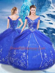 Fancy Tulle V-neck Short Sleeves Lace Up Appliques 15 Quinceanera Dress in Blue