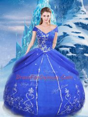 Fancy Tulle V-neck Short Sleeves Lace Up Appliques 15 Quinceanera Dress in Blue