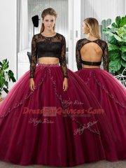 Customized Fuchsia Long Sleeves Tulle Backless Quinceanera Gowns for Military Ball and Sweet 16 and Quinceanera