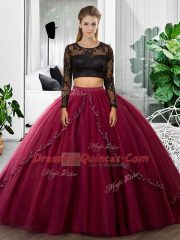 Customized Fuchsia Long Sleeves Tulle Backless Quinceanera Gowns for Military Ball and Sweet 16 and Quinceanera