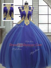 Ball Gowns 15th Birthday Dress Royal Blue High-neck Tulle Sleeveless Floor Length Lace Up