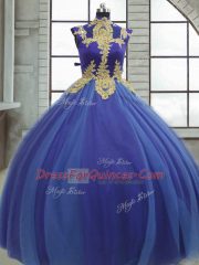 Ball Gowns 15th Birthday Dress Royal Blue High-neck Tulle Sleeveless Floor Length Lace Up