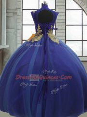 Ball Gowns 15th Birthday Dress Royal Blue High-neck Tulle Sleeveless Floor Length Lace Up