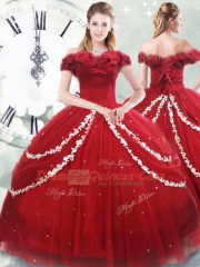 Wine Red Lace Up Sweet 16 Quinceanera Dress Appliques and Pick Ups Sleeveless Brush Train