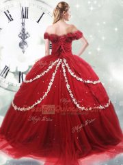 Wine Red Lace Up Sweet 16 Quinceanera Dress Appliques and Pick Ups Sleeveless Brush Train