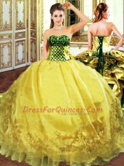 Suitable Gold Ball Gowns Embroidery and Ruffles Ball Gown Prom Dress Lace Up Organza Sleeveless Floor Length