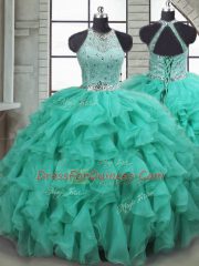 Fantastic Sleeveless Organza Brush Train Lace Up Quinceanera Dress in Turquoise with Beading and Ruffles