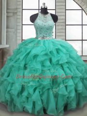 Fantastic Sleeveless Organza Brush Train Lace Up Quinceanera Dress in Turquoise with Beading and Ruffles