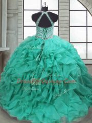 Fantastic Sleeveless Organza Brush Train Lace Up Quinceanera Dress in Turquoise with Beading and Ruffles