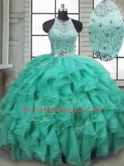 Fantastic Sleeveless Organza Brush Train Lace Up Quinceanera Dress in Turquoise with Beading and Ruffles