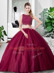 Low Price Fuchsia Zipper Scoop Lace and Ruching 15 Quinceanera Dress Tulle Sleeveless