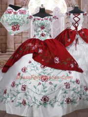 Free and Easy Off The Shoulder Sleeveless Lace Up Vestidos de Quinceanera White And Red Taffeta