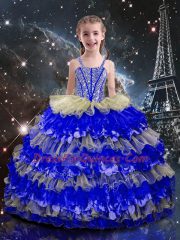 Multi-color Ball Gowns Straps Sleeveless Organza Floor Length Lace Up Beading and Ruffled Layers Little Girl Pageant Dress