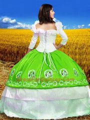 Ball Gowns Taffeta Off The Shoulder 3 4 Length Sleeve Embroidery Floor Length Lace Up 15th Birthday Dress