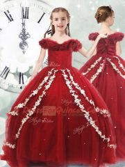 Off The Shoulder Sleeveless Child Pageant Dress Brush Train Appliques Wine Red Tulle