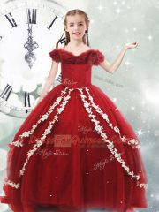 Off The Shoulder Sleeveless Child Pageant Dress Brush Train Appliques Wine Red Tulle