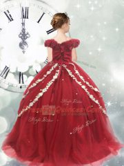 Off The Shoulder Sleeveless Child Pageant Dress Brush Train Appliques Wine Red Tulle