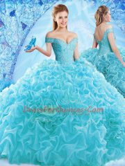 Ruffles and Pick Ups Quinceanera Gown Aqua Blue Lace Up Cap Sleeves Brush Train