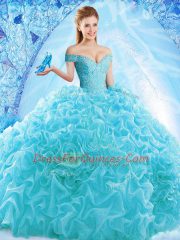 Ruffles and Pick Ups Quinceanera Gown Aqua Blue Lace Up Cap Sleeves Brush Train