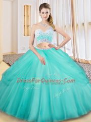 Free and Easy Floor Length Aqua Blue Vestidos de Quinceanera Tulle Sleeveless Beading and Ruching and Pick Ups