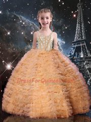 Straps Sleeveless Little Girls Pageant Gowns Floor Length Beading and Ruffled Layers Orange Red Tulle