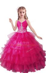 Attractive Fuchsia Organza Zipper V-neck Sleeveless Floor Length Girls Pageant Dresses Beading and Ruffled Layers