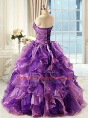 Eggplant Purple Sleeveless Floor Length Beading and Ruffles Lace Up Ball Gown Prom Dress