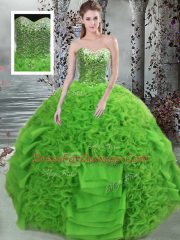 Green Organza Lace Up Sweetheart Sleeveless Floor Length Quinceanera Gown Beading and Ruffles