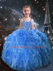 Sleeveless Organza Floor Length Lace Up Kids Pageant Dress in Baby Blue with Beading and Ruffles