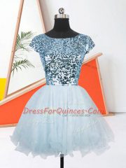 Cheap Light Blue Short Sleeves Mini Length Sequins Lace Up Evening Dress