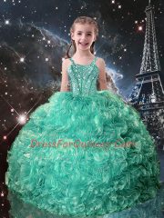 Trendy Floor Length Lace Up Pageant Gowns For Girls Turquoise for Quinceanera and Wedding Party with Beading and Ruffles