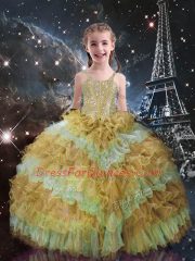 Discount Champagne Ball Gowns Beading and Ruffled Layers Child Pageant Dress Lace Up Organza Sleeveless Floor Length