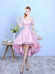 A-line Court Dresses for Sweet 16 Rose Pink Off The Shoulder Tulle Short Sleeves High Low Lace Up