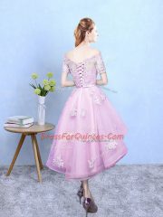 A-line Court Dresses for Sweet 16 Rose Pink Off The Shoulder Tulle Short Sleeves High Low Lace Up