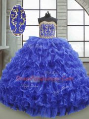 Stylish Ball Gowns Vestidos de Quinceanera Royal Blue Strapless Organza Sleeveless Floor Length Lace Up