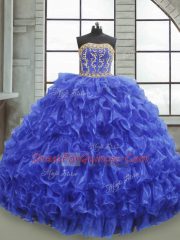 Stylish Ball Gowns Vestidos de Quinceanera Royal Blue Strapless Organza Sleeveless Floor Length Lace Up