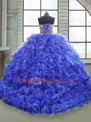 Stylish Ball Gowns Vestidos de Quinceanera Royal Blue Strapless Organza Sleeveless Floor Length Lace Up