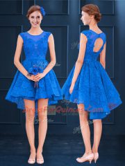 Colorful Blue Sleeveless Lace and Belt High Low Quinceanera Court Dresses