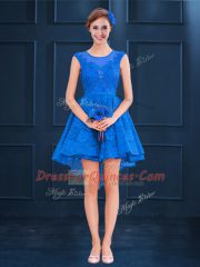 Colorful Blue Sleeveless Lace and Belt High Low Quinceanera Court Dresses