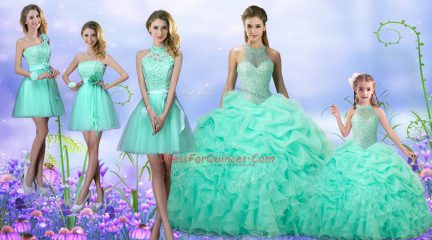 Latest Sleeveless Floor Length Beading and Ruffles and Pick Ups Lace Up Quinceanera Gowns with Apple Green