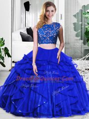 Flirting Floor Length Royal Blue Quinceanera Dresses Tulle Sleeveless Lace and Ruffles