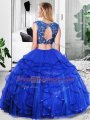 Flirting Floor Length Royal Blue Quinceanera Dresses Tulle Sleeveless Lace and Ruffles