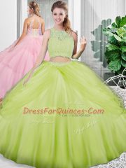 Yellow Green Lace Up Sweet 16 Quinceanera Dress Lace and Ruching Sleeveless Floor Length
