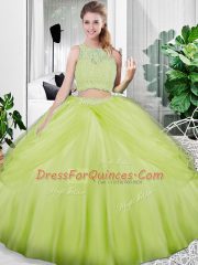 Yellow Green Lace Up Sweet 16 Quinceanera Dress Lace and Ruching Sleeveless Floor Length