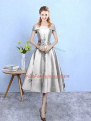 Extravagant Silver Taffeta Lace Up Off The Shoulder Sleeveless Tea Length Dama Dress Appliques