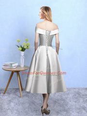 Extravagant Silver Taffeta Lace Up Off The Shoulder Sleeveless Tea Length Dama Dress Appliques