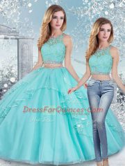 Smart Aqua Blue Two Pieces Beading and Lace and Sashes ribbons Quince Ball Gowns Clasp Handle Tulle Sleeveless Floor Length