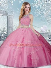 Graceful Rose Pink Scoop Neckline Beading 15 Quinceanera Dress Sleeveless Clasp Handle